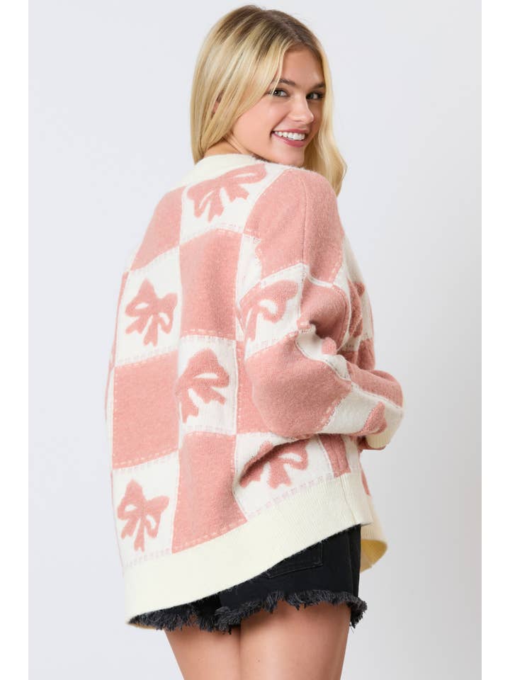Peach Love California - Wholesale Cardigan - Women's - 3d Bow & Square Pattern Oversized Cardigan