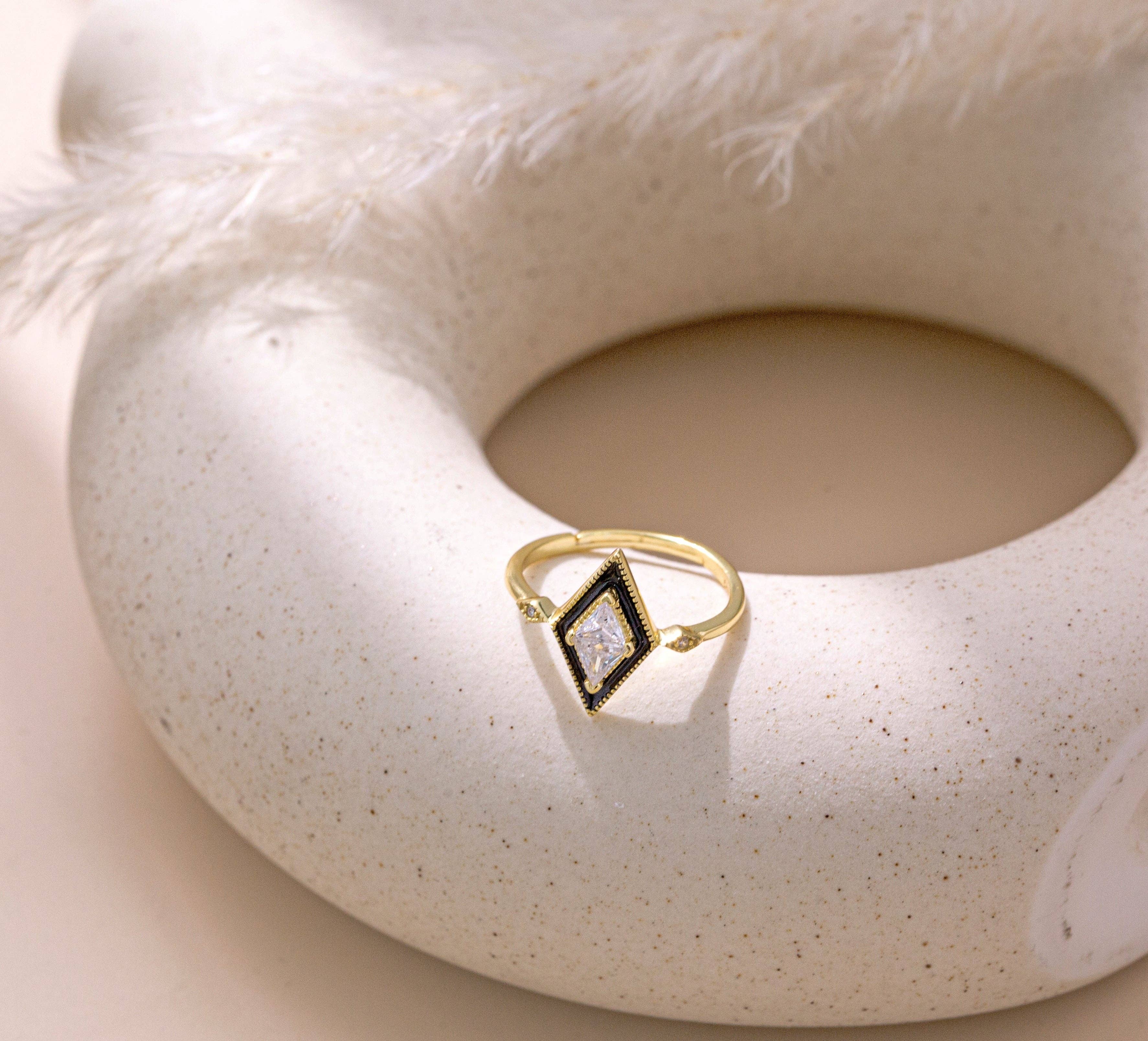 happyzzzsu - Wholesale Multi-Stone Ring - Sterling Silver Gold Plated Black Rhombus Ring7