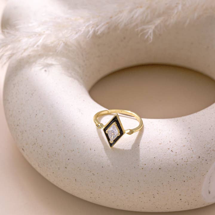 happyzzzsu - Wholesale Multi-Stone Ring - Sterling Silver Gold Plated Black Rhombus Ring7