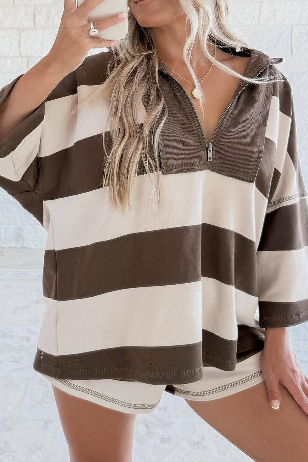 Brown Striped Color Block Zip Collar 3/4 Sleeve Oversize Sweatshirt for wholesale on Faire