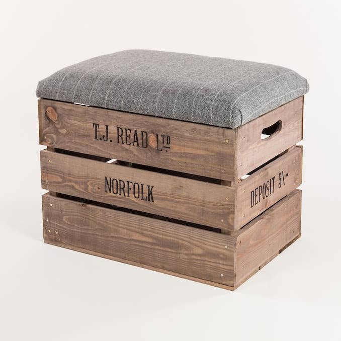 Grey stripe storage stool for wholesale by Tiffany Jayne