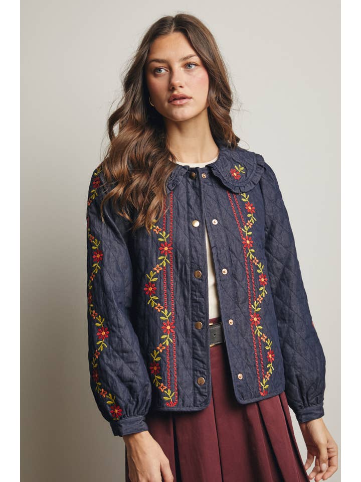 Midnight Indigo Embroidered Quilted Denim Jacket FJ0008 for wholesale on Faire1