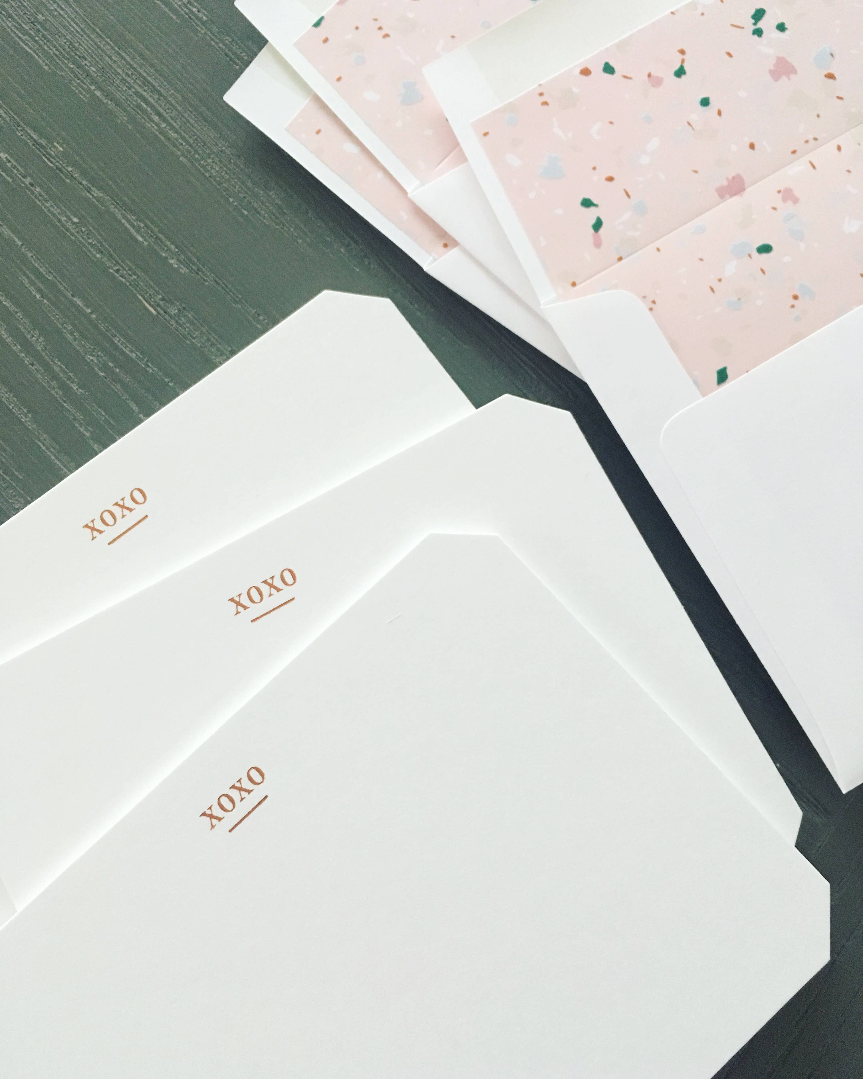Missive - Wholesale Stationery/Notecard Set - XOXO Bevel Note Set in Terrazzo - Copper Foil Stationery2