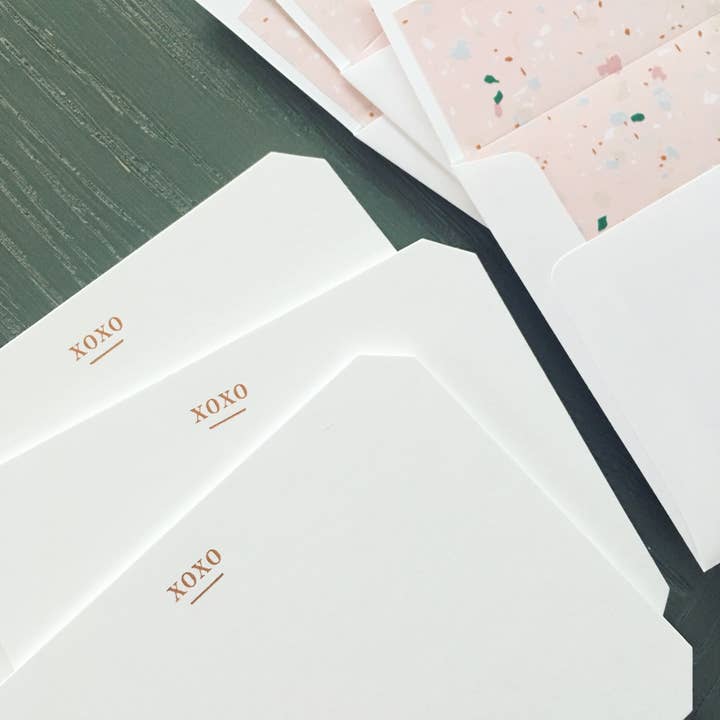 Missive - Wholesale Stationery/Notecard Set - XOXO Bevel Note Set in Terrazzo - Copper Foil Stationery2