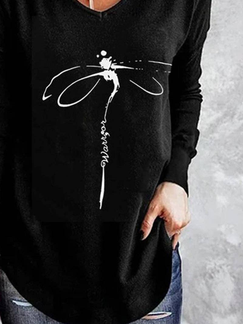 Black Dragonfly Printed Knitted Long Sleeve Top for wholesale on Faire2