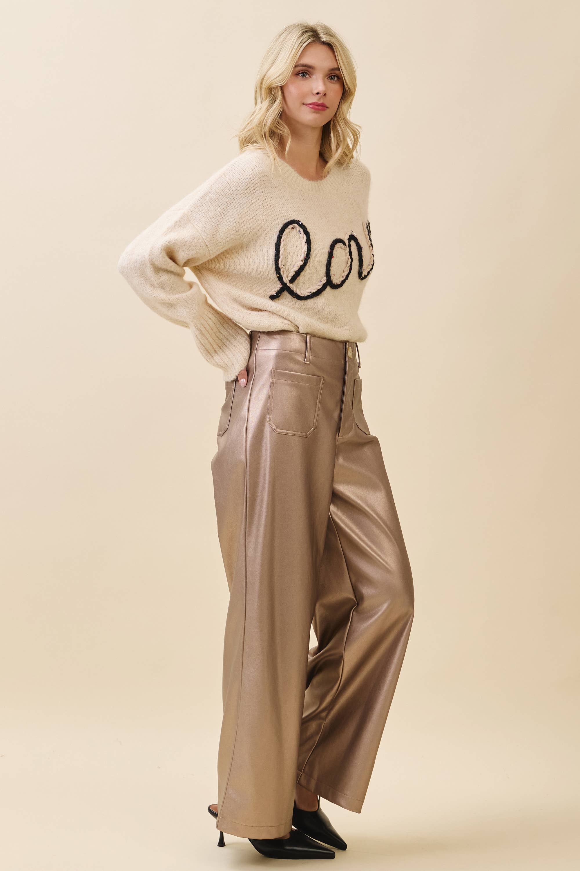 GeeGee x Lovelo - Wholesale Pants - Women's - Metallic Wide-Leg Faux Leather Pants CP521994