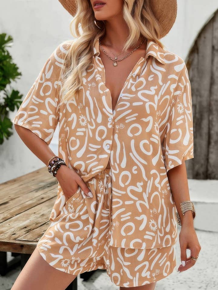 Elastische Shorts mit Allover-Print, zweiteiliges Knopfset für den Großhandel von CC Wholesale Clothing