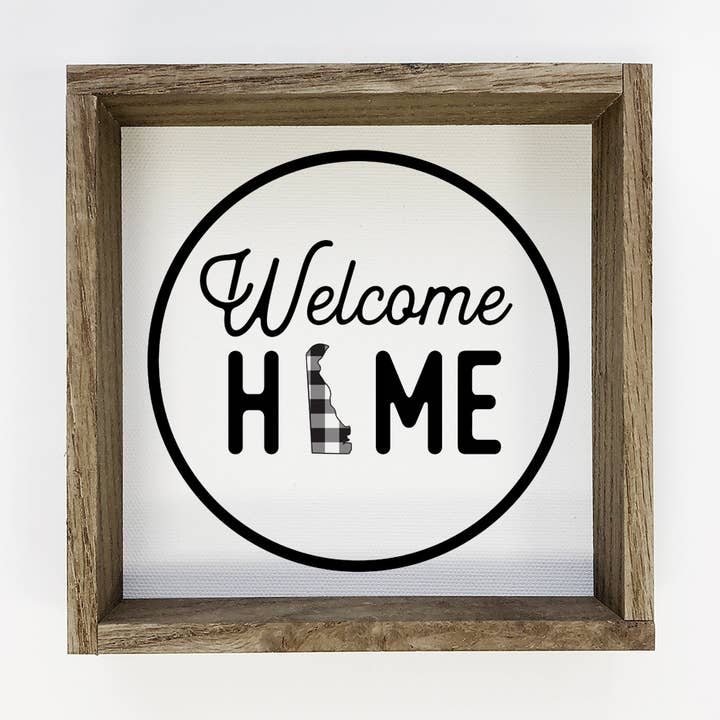 Targa piccola in tela Welcome Home Delaware Buffalo Plaid per la vendita all'ingrosso da parte di Hangout Home