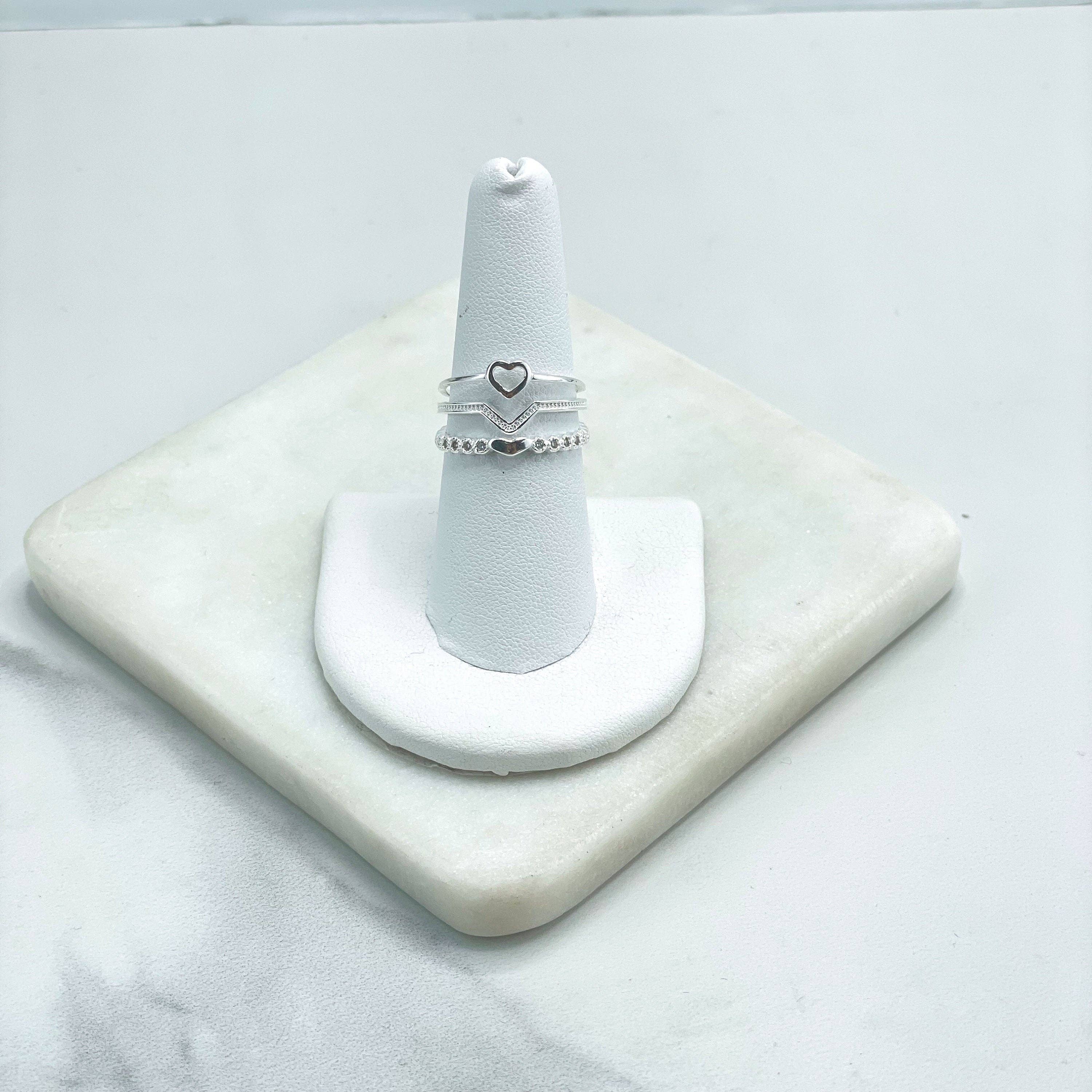 DIJU Jewelry - Wholesale  - 925 Sterling Silver Clear Cubic Zirconia Simulated Stackable Layered Ring, Wave & Heart, Stamped 925, Wholesale Jewelry Making Supplies1