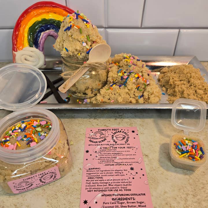 THIRSTY FEET™️ – wholesale Foot scrub/polish – Rainbow Confetti Brown Sugar Foot Fluff Sugar Scrub 8 oz Jar4