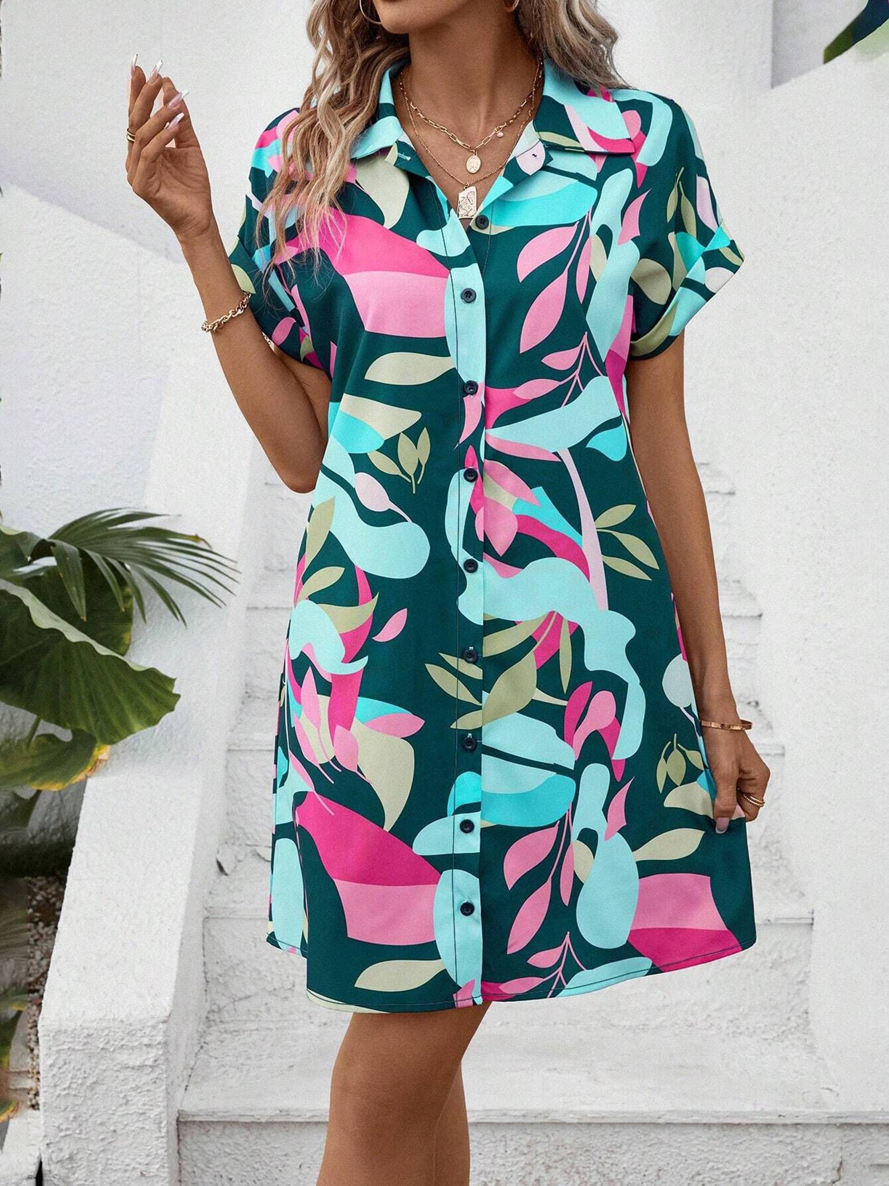 Wholesalesir - Wholesale Dress - Women's - Colorful Floral Cardigan Short Sleeved Lining Dress1