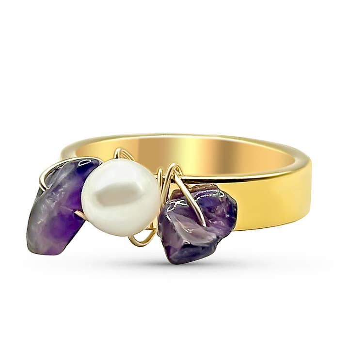 Fresh Water Pearl with Gemstones Gold Ring for wholesale by Camilla Limón