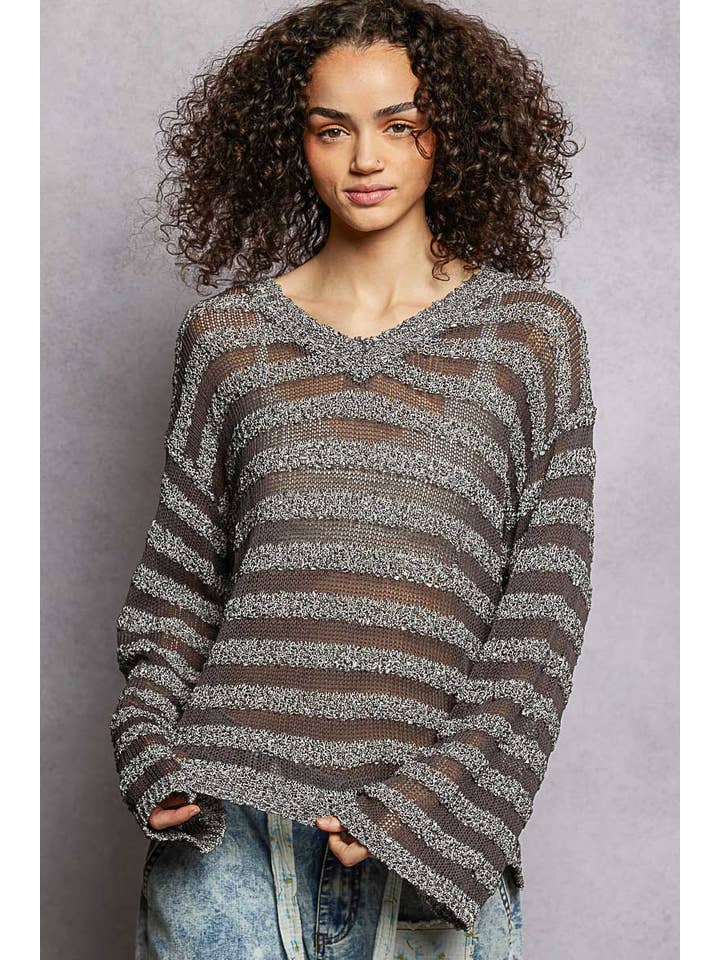 Pol Clothing - Wholesale Knit Sweater - Women's - V Neck Long Sleeve Striped Knit Acrylic Thin Sweater SALE7