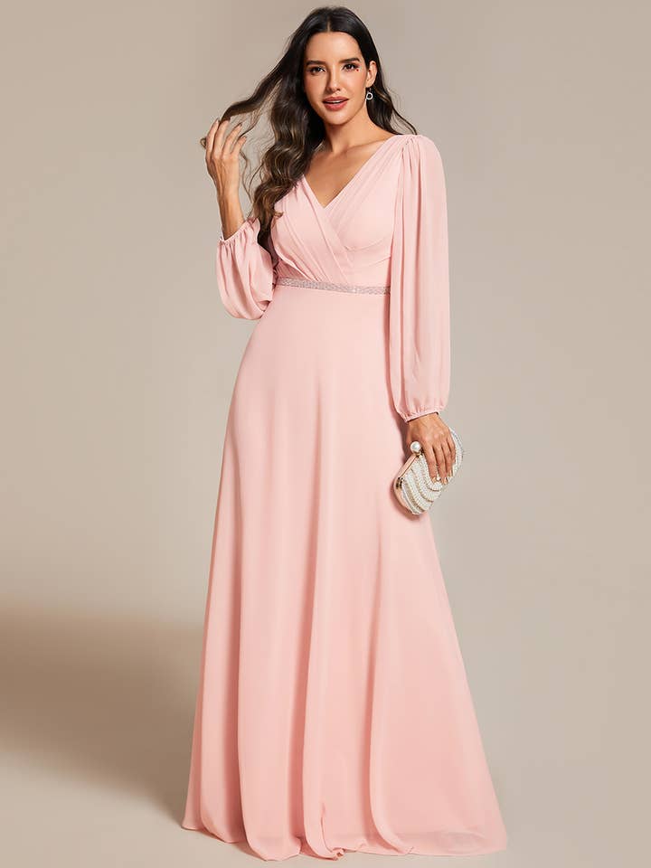Ever-Pretty - Wholesale Gown - Women's - Elegant waisted chiffon V-neck Long Sleeve guest Dress40