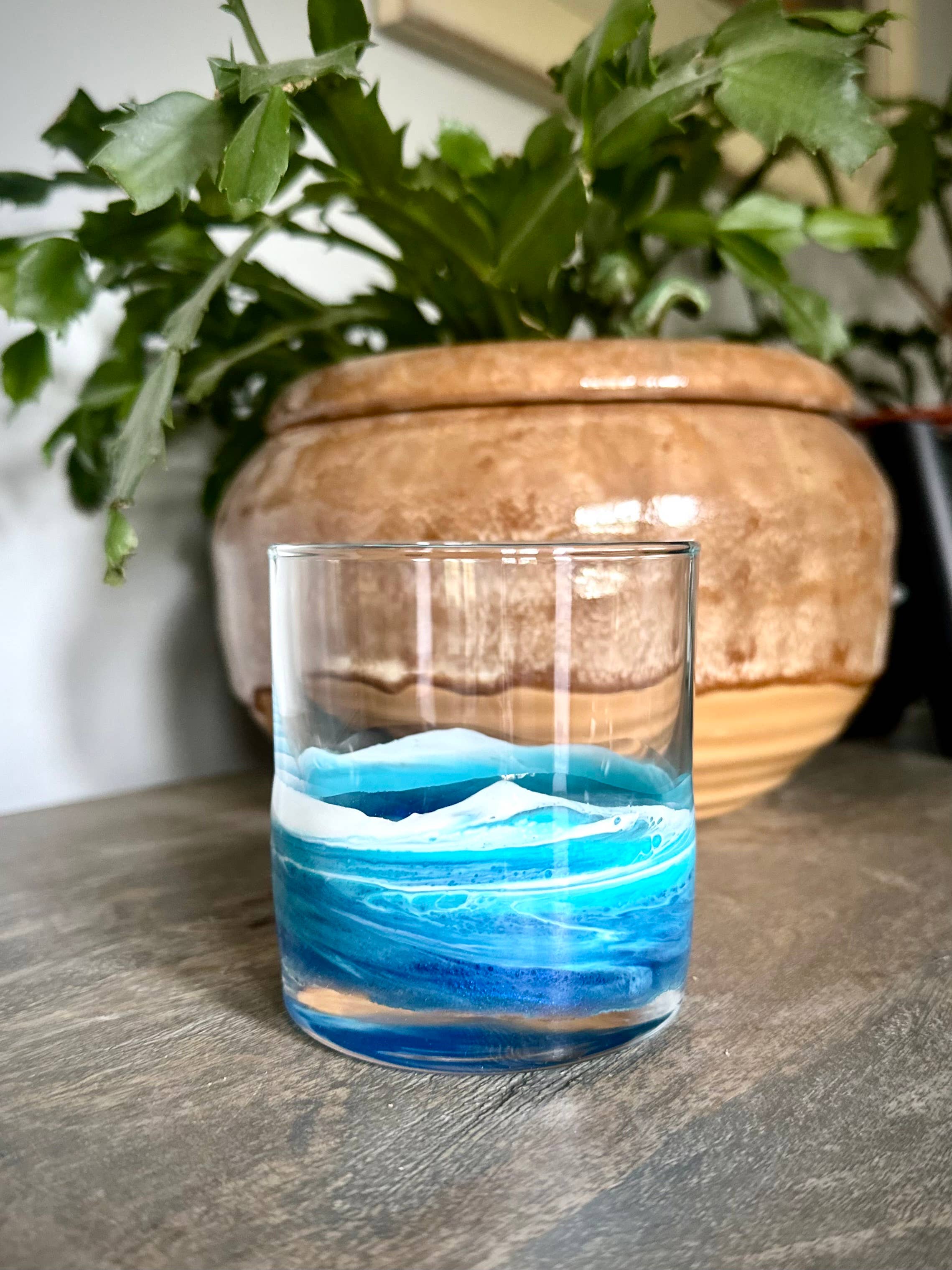 Artful Nests - Wholesale Cocktail/Liquor Glass - Coastal Inspired Rocks Glass with Resin Waves - Glassware 1