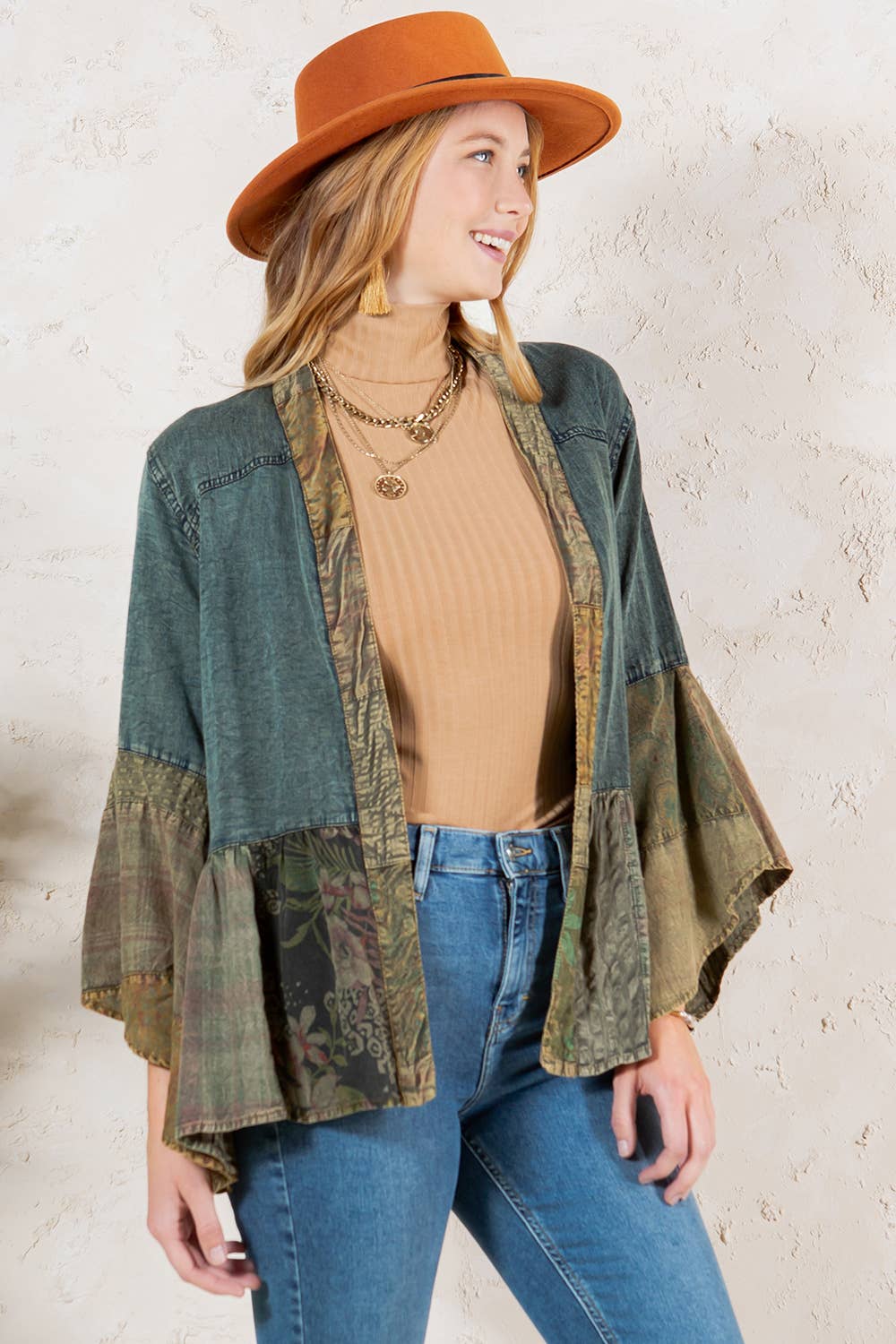 Young Threads - Wholesale Kimono - Women's - Western Boho Lace & Denim Patchwork Kimono Top NEW9