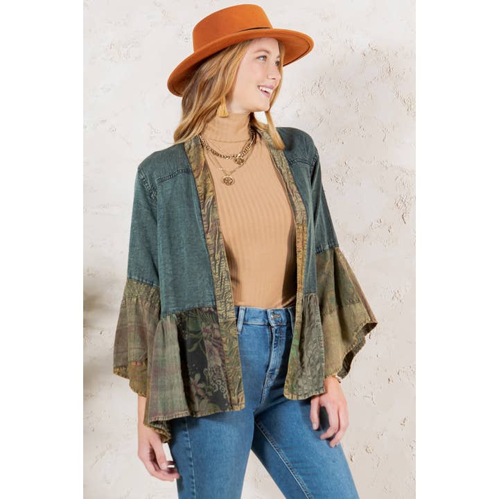 Young Threads - Wholesale Kimono - Women's - Western Boho Lace & Denim Patchwork Kimono Top NEW9