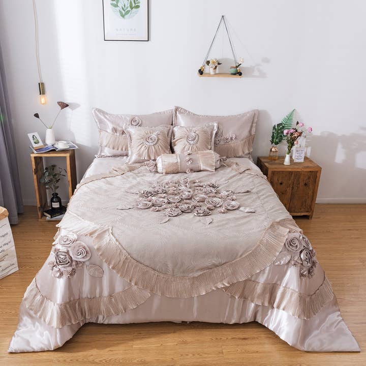 Tache Satin Floral Lace Ruffle Crème Beige Sweet Victorian Luxurious Comforter Set (MZ002C) for wholesale by Tache Home Fashion