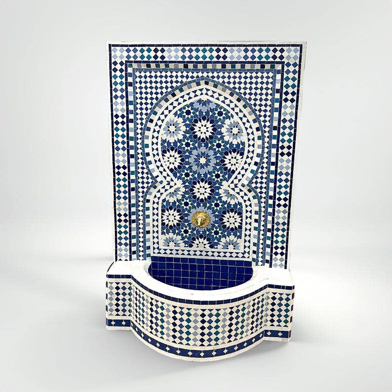 SaharaKesh - Venta al por mayor Adornos/decoración de exteriores - Fuente de Mosaico Marroquí, Fuente de Pared Exterior Azul y Blanca5
