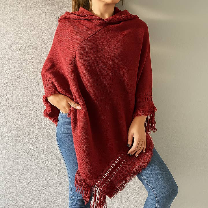 Burgundy Knit Fringed Hooded Poncho for wholesale by Fennco Styles