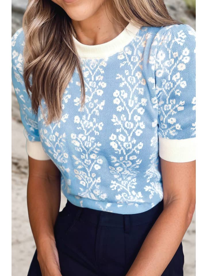 As shown Contrast Floral Crewneck Short Sleeve Sweater | S-XL for wholesale on Faire