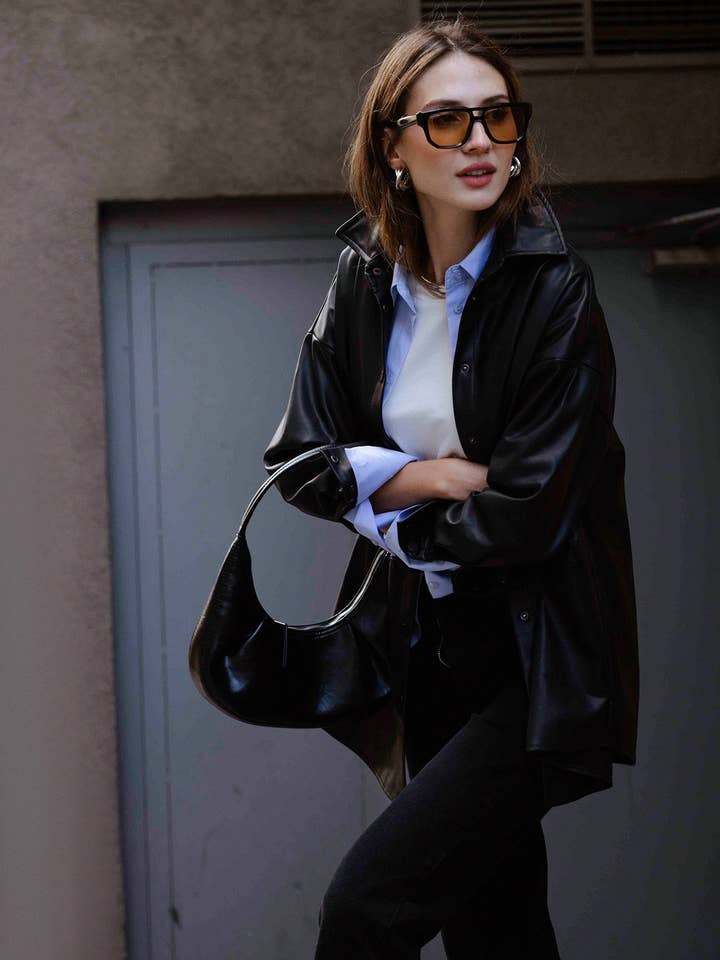 Black LEATHER SHIRT WITH SNAP for wholesale on Faire0