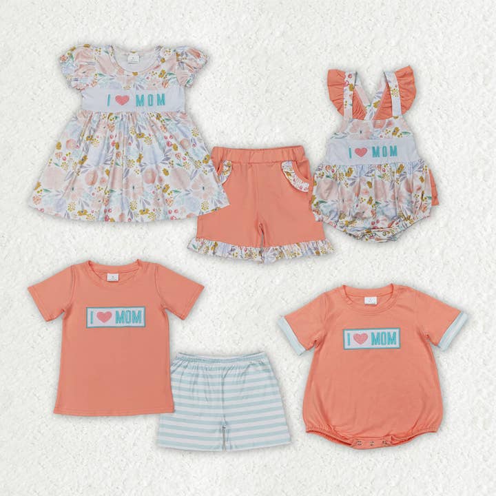 Aier Wholesale - Wholesale Clothing Set - Baby - Sibling Embroidery Baby Girls Boys I LOVE MOM Rompers Summer Outfits
