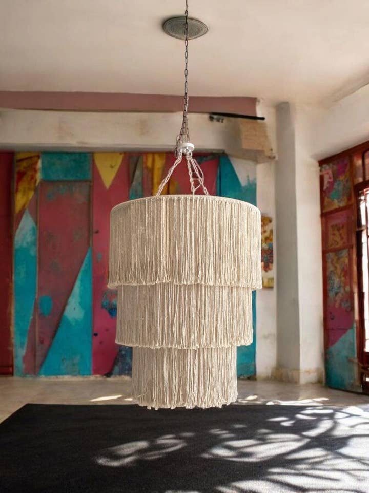 Large Macrame Chandelier, Handmade Oversized Cotton Pendant Light for Hotel Lobby for wholesale by Joy's Arts