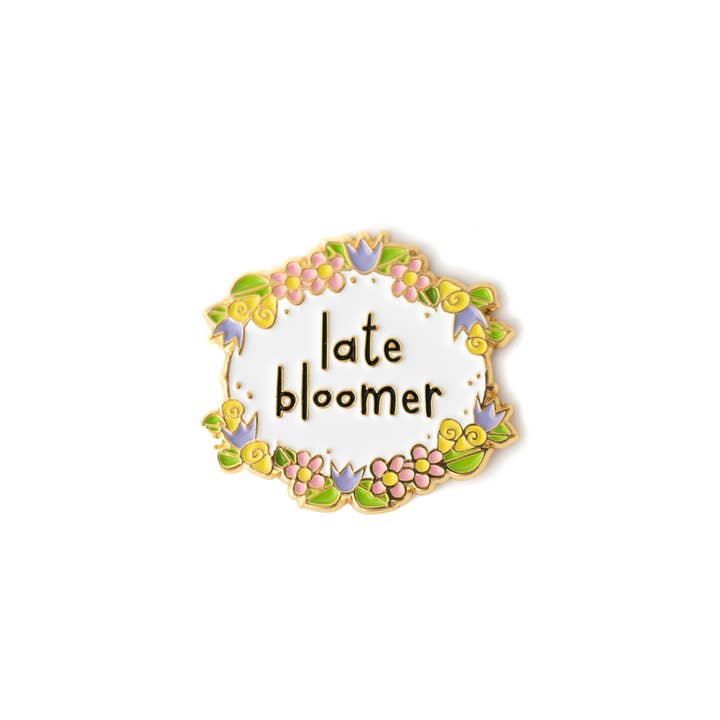 Late Bloomer Enamel Pin for wholesale by carolyndraws
