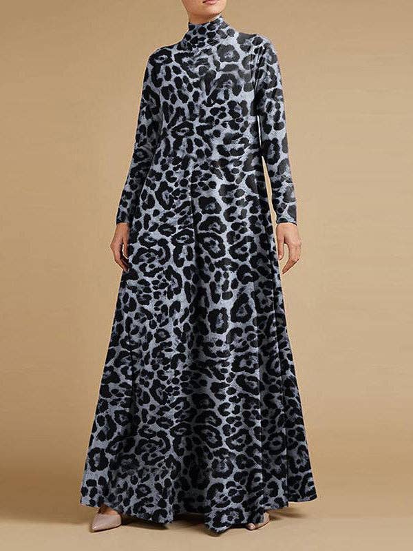 FurDecoration - Vendita all'ingrosso Vestito - Donna - Abito lungo casuale a collo alto con stampa leopardata.1