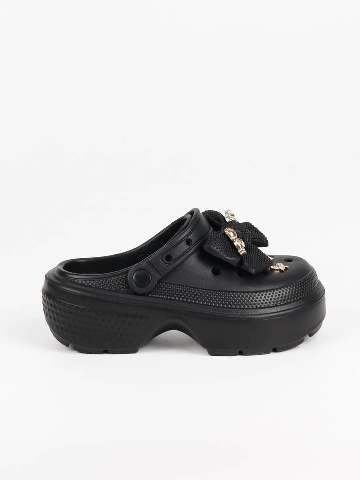 Black Women's Platform Clogs – Chunky Style with Bow and Rhinestones for wholesale on Faire3