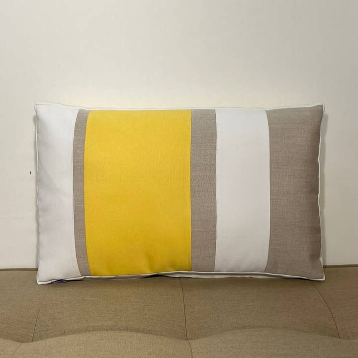 Sunbrella Multi Stripe Lumbar Pillow in Buttercup/Flax for wholesale by Oblique Studio