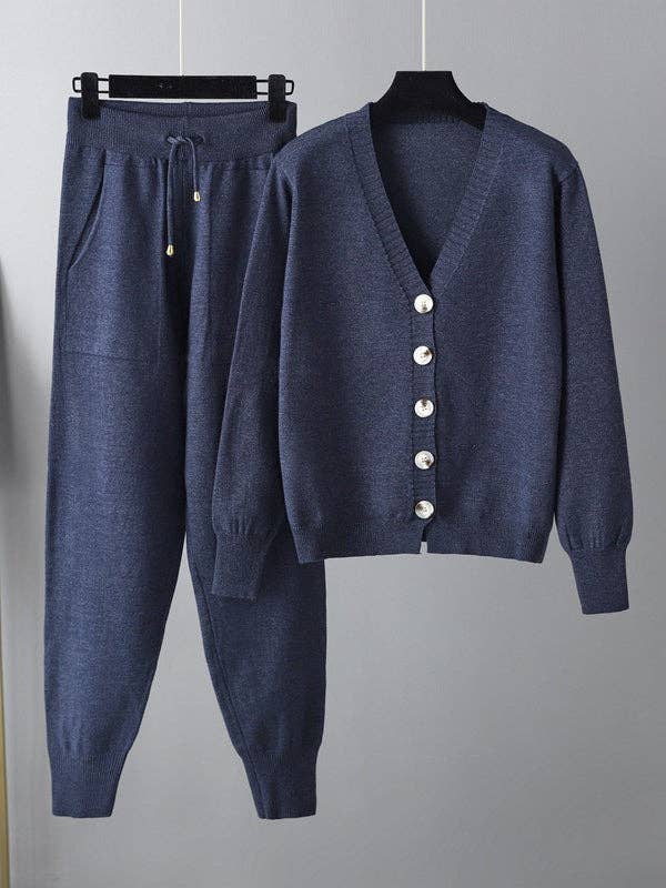 Sheer Trend – Engroshandel Top- og buksesæt (IKKE Loungewear) - Dame – Afslappede løse ensfarvede cardigantoppe med V-hals og harembukser sæt i to dele