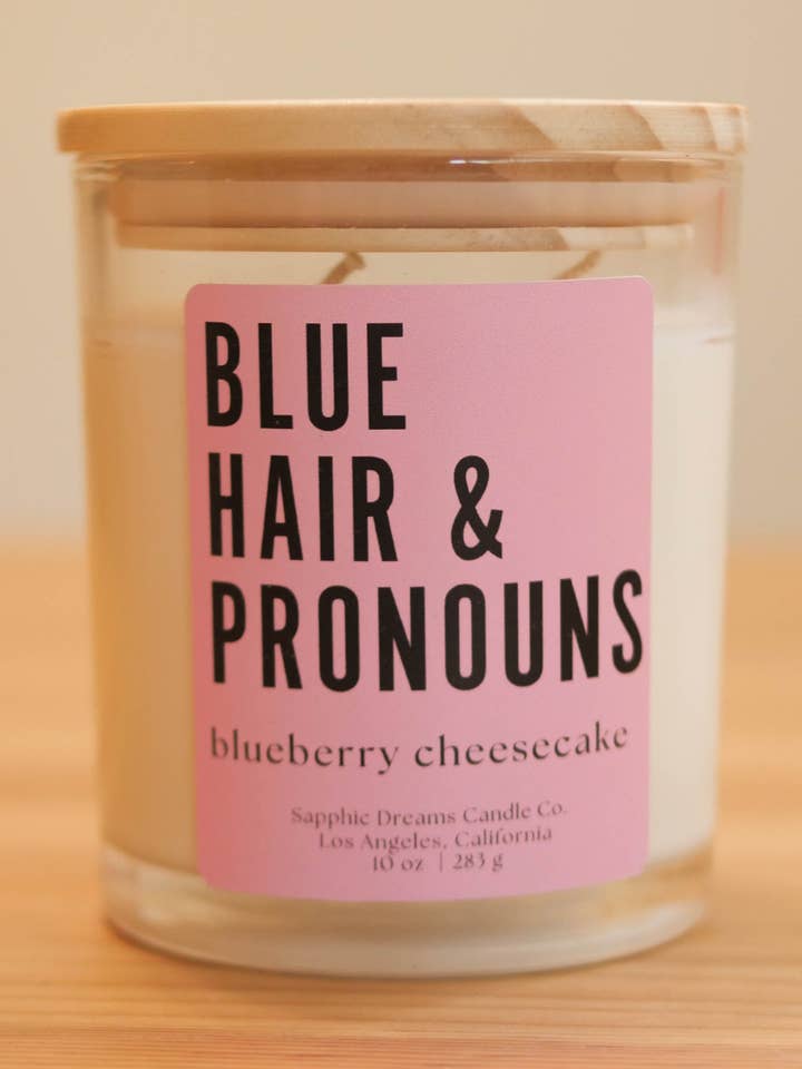Blue Hair and Pronouns Candle for wholesale by Sapphic Dreams