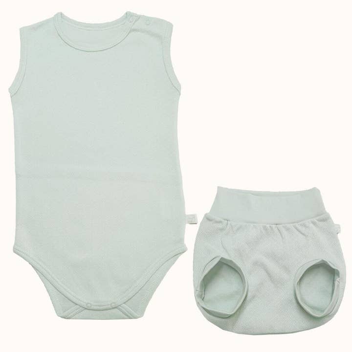 Soft Moves: Sleeveless Bodysuit and Green Diaper Cover for wholesale by Pim-Pam-Pum