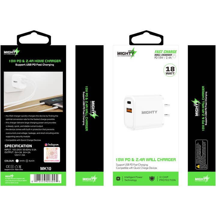 Mighty Wireless - Wholesale Power adapter - Mighty 18W Wall Charger with PD and USB Ports White MK103