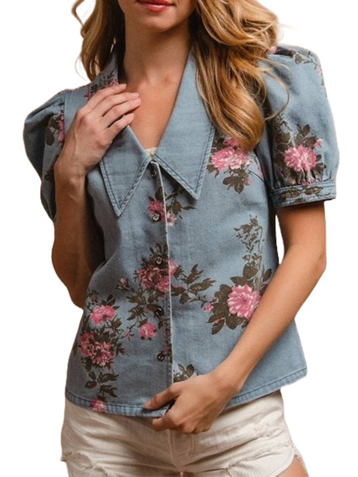 Haut en jean à manches bouffantes imprimé floral pour la vente par Vanilla Monkey