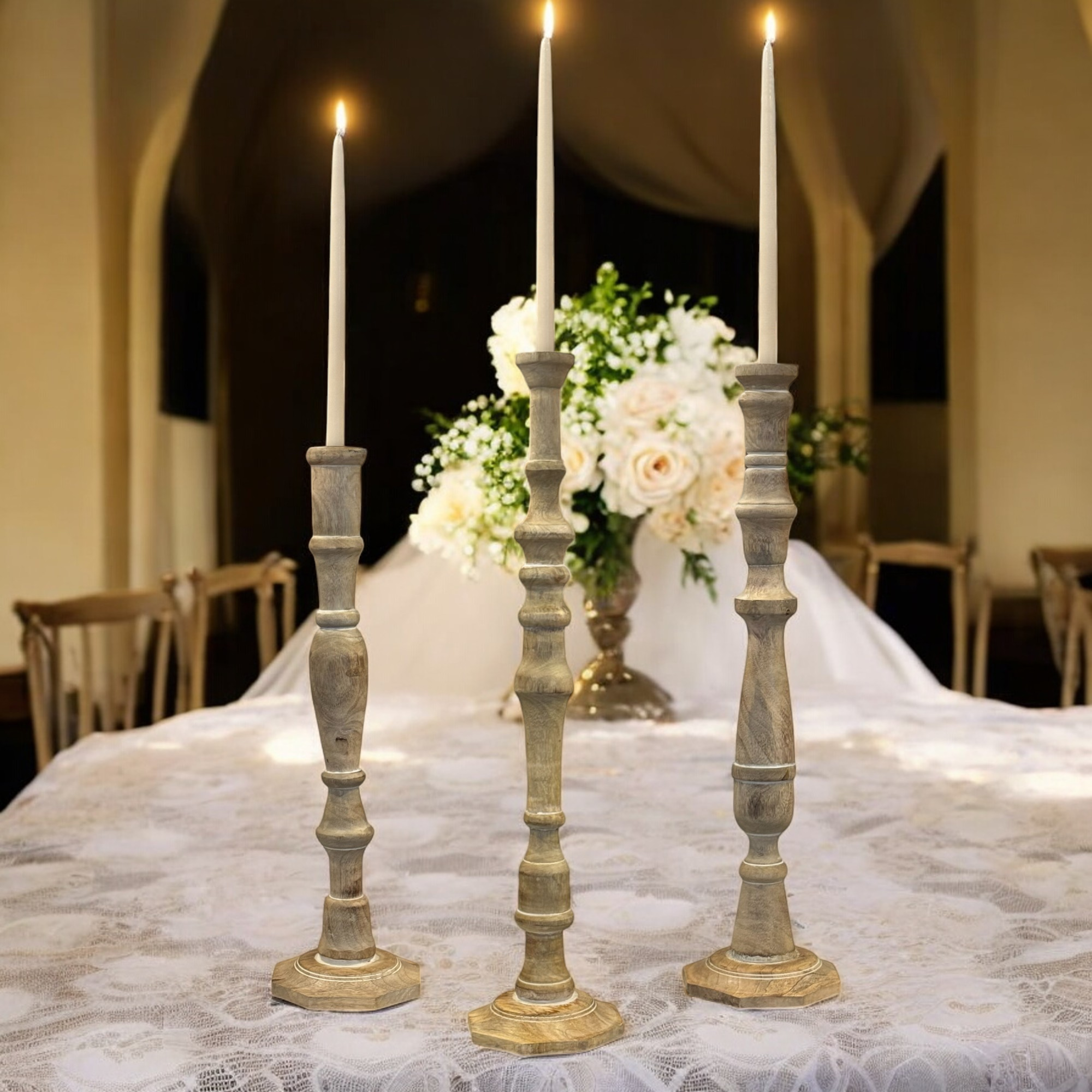 Wilco Home - Wholesale Candle Holder - Handmade Mango Wood "Emilt" Taper Candlestick Set of 3 2