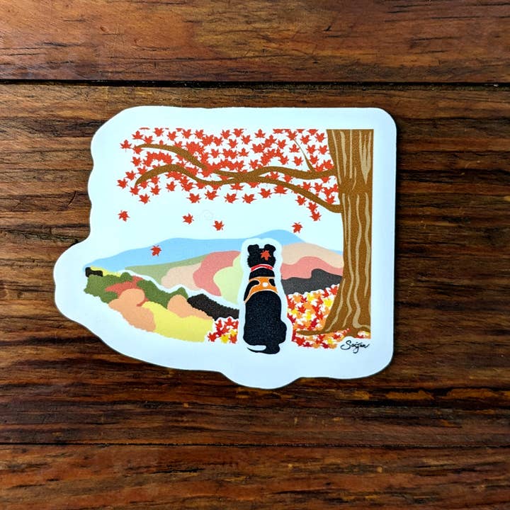 Fall Foliage Pup Waterproof Sticker for wholesale by Soijen Illustrations