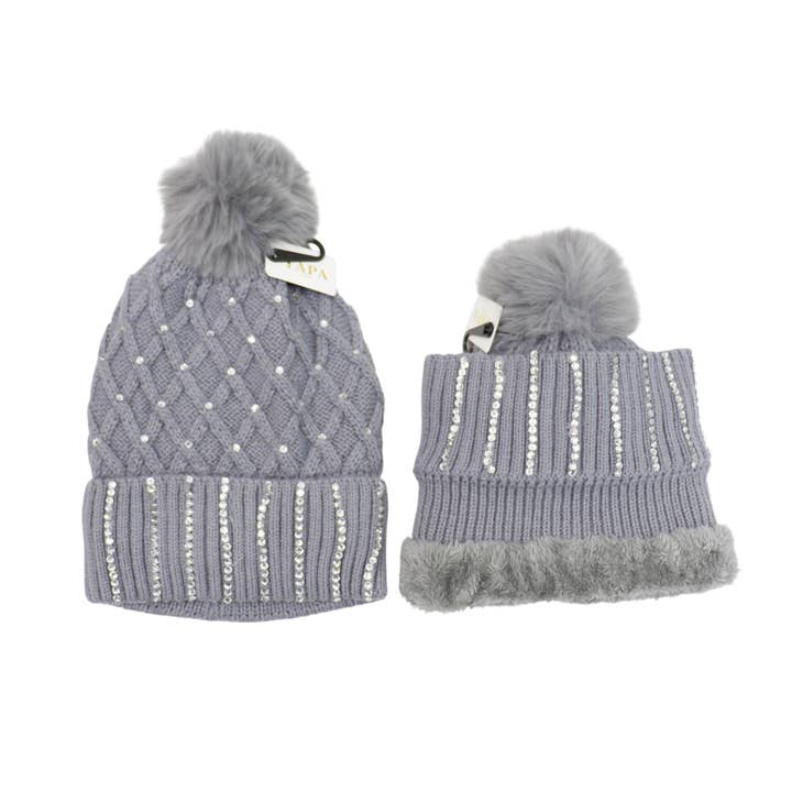 ASSORTED Pom Pom Knitted Beanie With Rhinestone HA4727-8 (12PC) for wholesale on Faire21