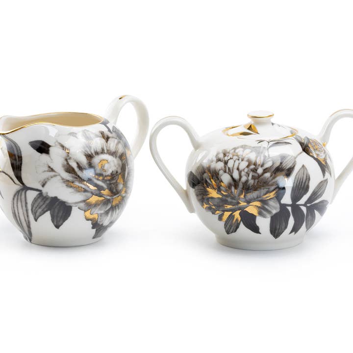 Grace Teaware - Wholesale Tea Set - Black Gold Peony Fine Porcelain Sugar and Creamer Set1