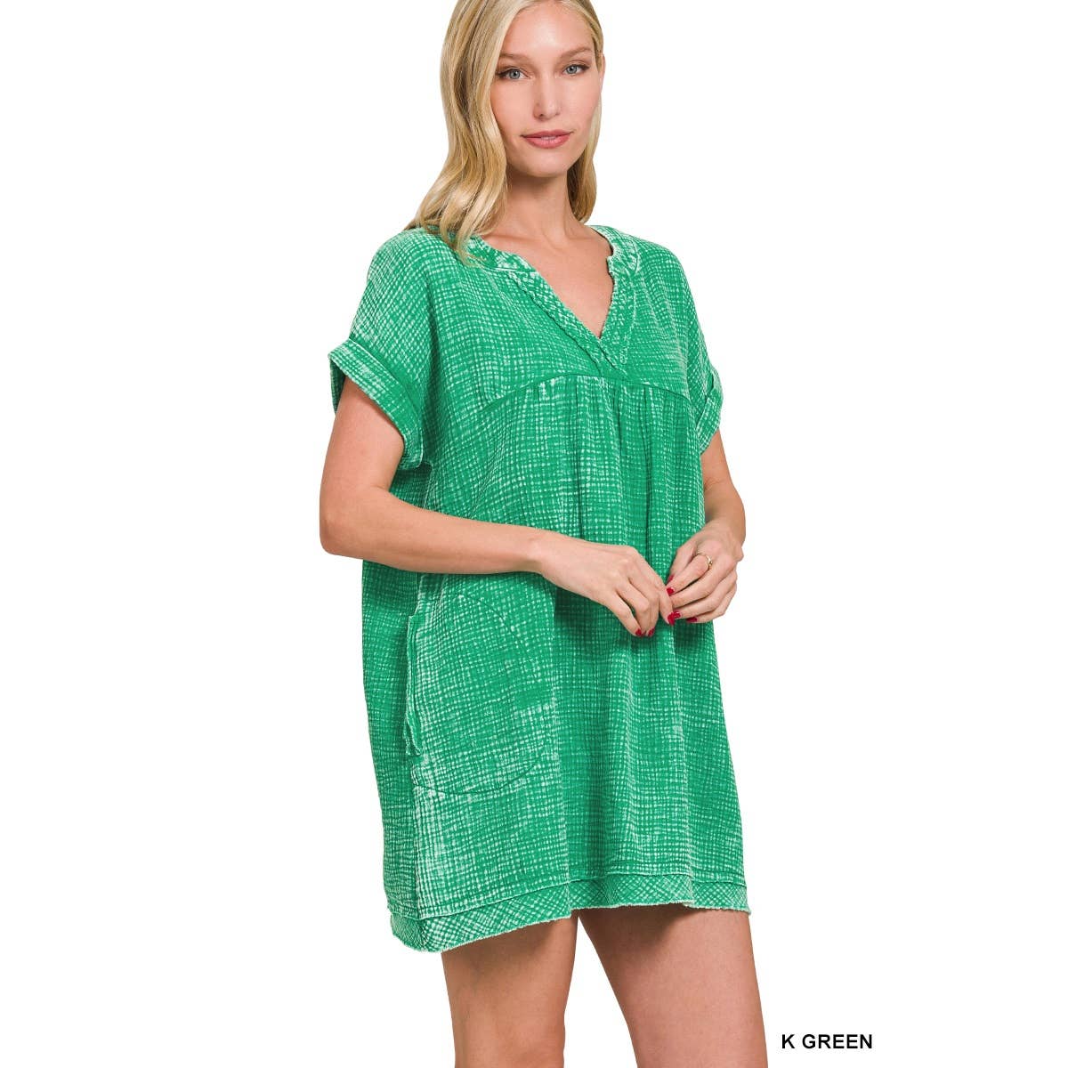 Apolline – Großhandel Kleid – Damen – GEWASCHENES KLEID MIT V-AUSSCHNITT AUS DOPPELTER GAZE MIT OFFENEN KANTEN7