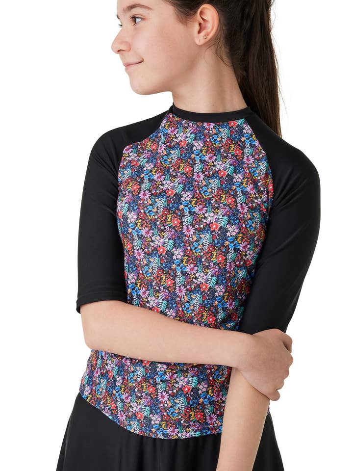 Girls Floral 3/4 Swim Top SPF50+ for wholesale by Modest Mermaid