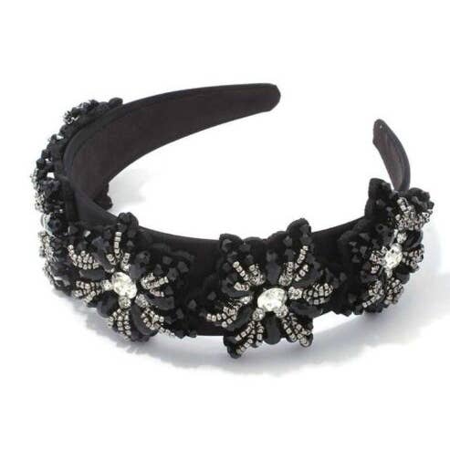 Diadema negra grande hecha a mano con estampado floral, cristales y cuentas para venta al por mayor de Fleur de lys collections