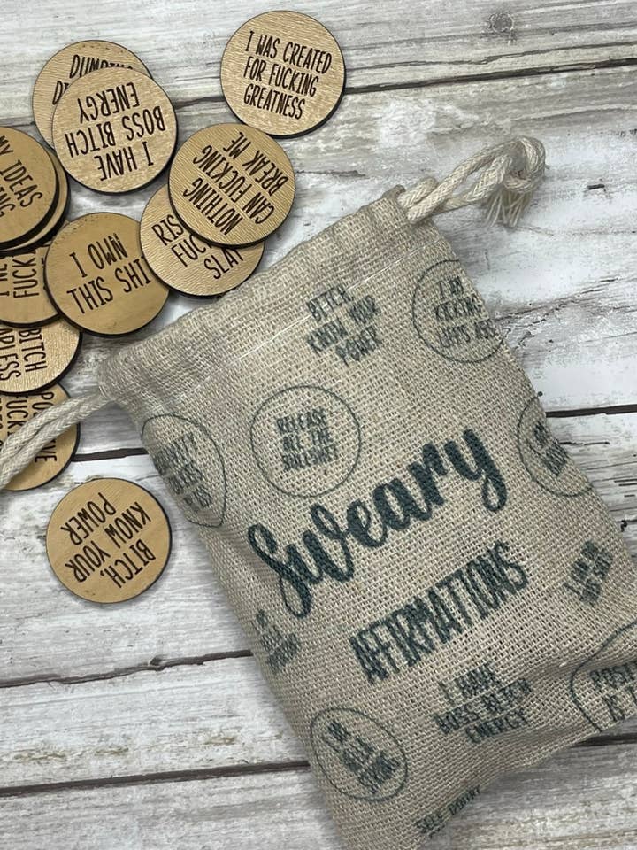Sweary Affirmation Tokens with Burlap Bag for wholesale by Michigan Proud Gifts