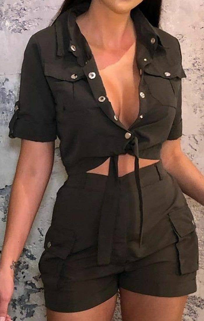 Femme Luxe – wholesale Top & short set (NOT loungewear) – Women’s – Khaki Pop Button Shorts Co-Ord - Andrea3