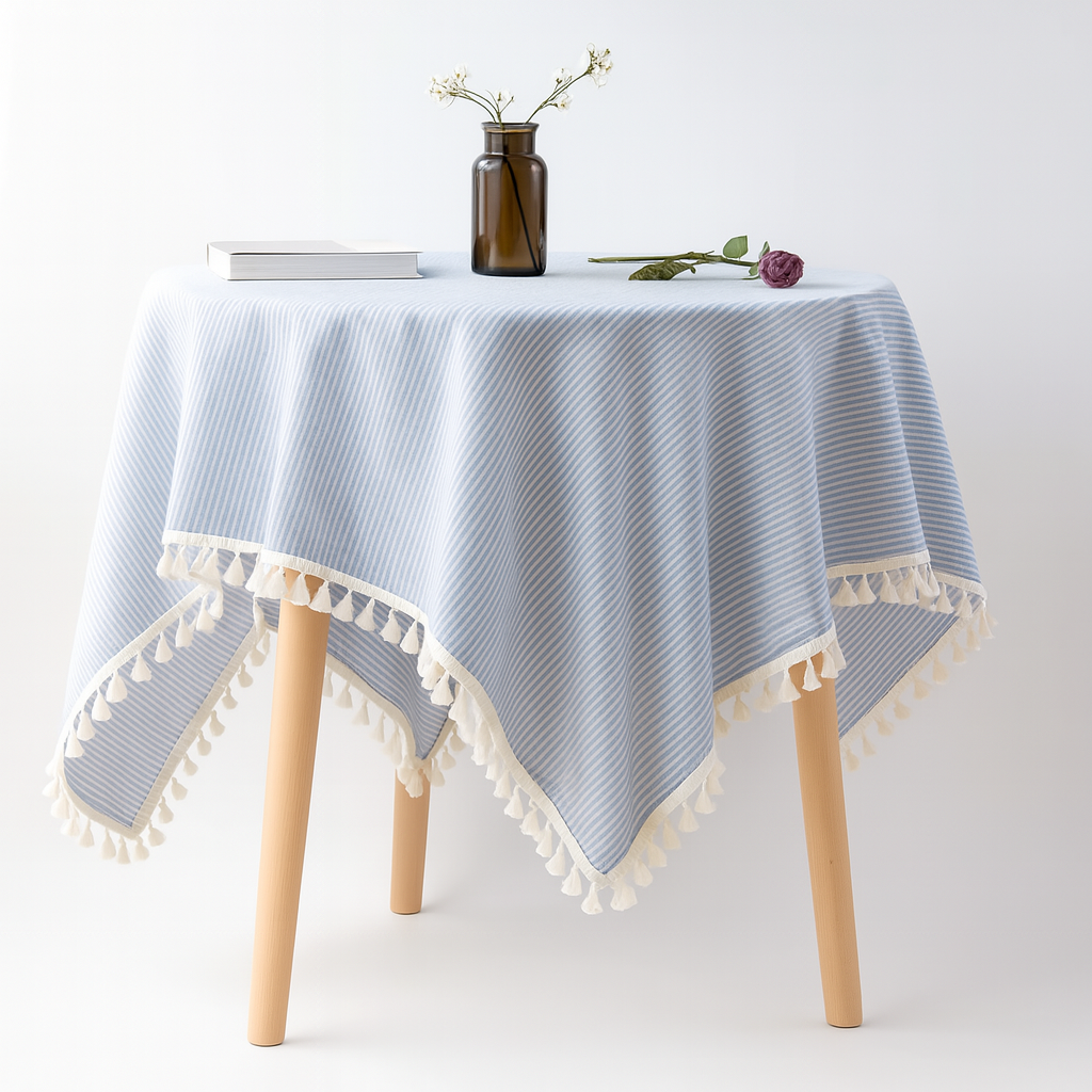 Fennco Styles - Wholesale Tablecloth - Blue and White Pinstripe Cotton Blend Tablecloth with Fringe0