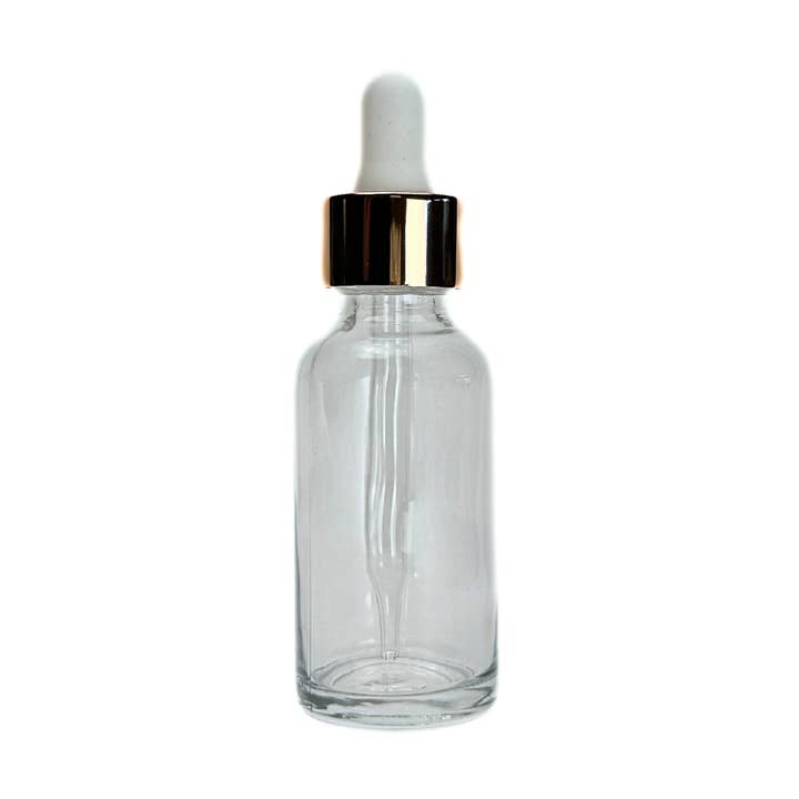 1oz Clear Glass Bottle with White & Rose Gold Glass Dropper for wholesale by The Bottle Shoppe
