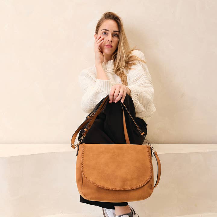 Jen & Co. - Wholesale Satchel - Women's - M2519 Jess Faux Suede Satchel w/ Whipstitch Flapover