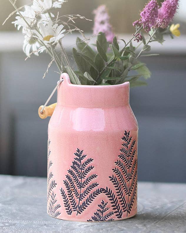 Dibor – wholesale Vase – Fern Leaf Embossed Pink Milk Churn Flower Vase4